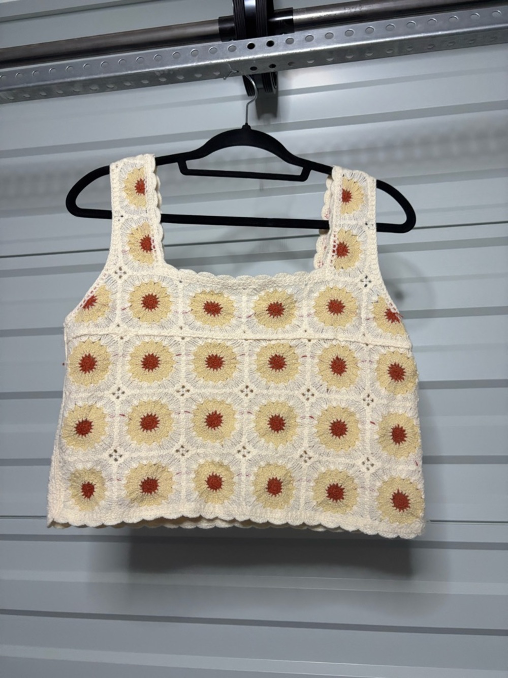 Cream Crochet Crop Top with Yellow and Rust Sunburst